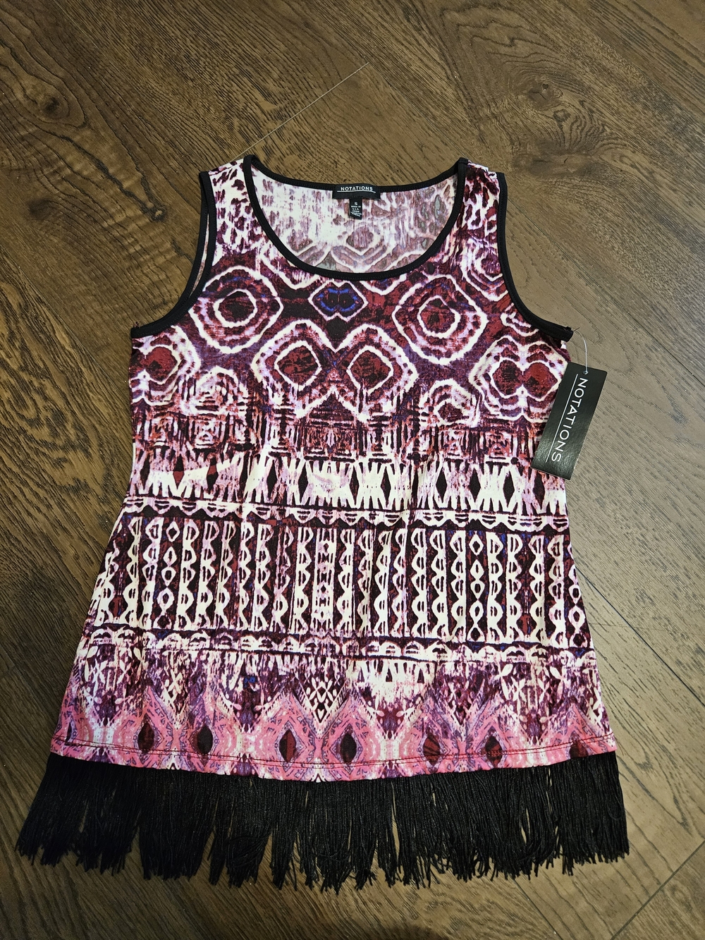Notations Pink and Black Aztec Fringe Tank Top